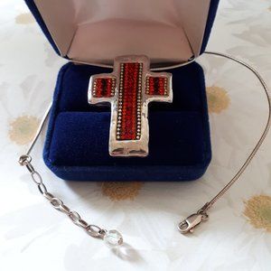 Necklace - Cross set with red, gold and black crystals set in Sterling Silver